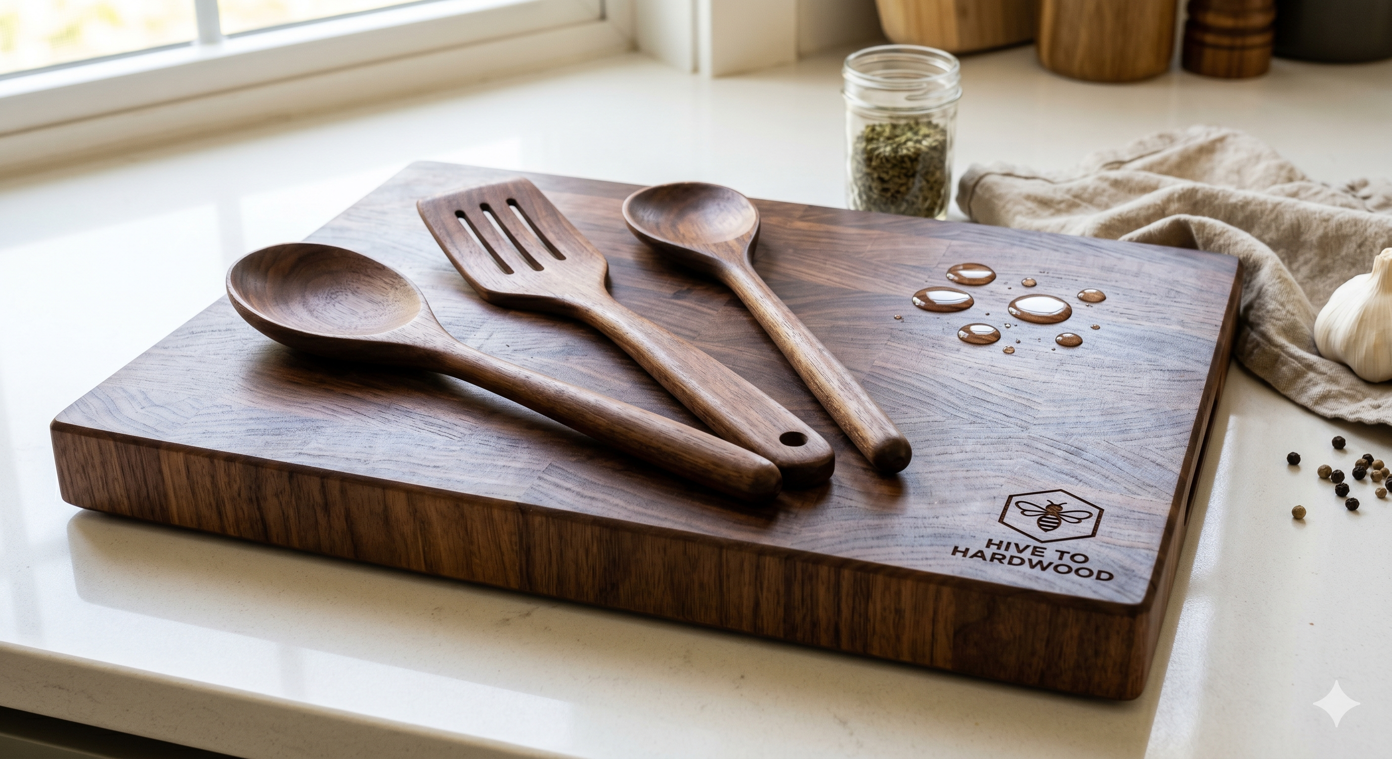 Plastic-free kitchen set with walnut cutting board and wooden cooking utensils