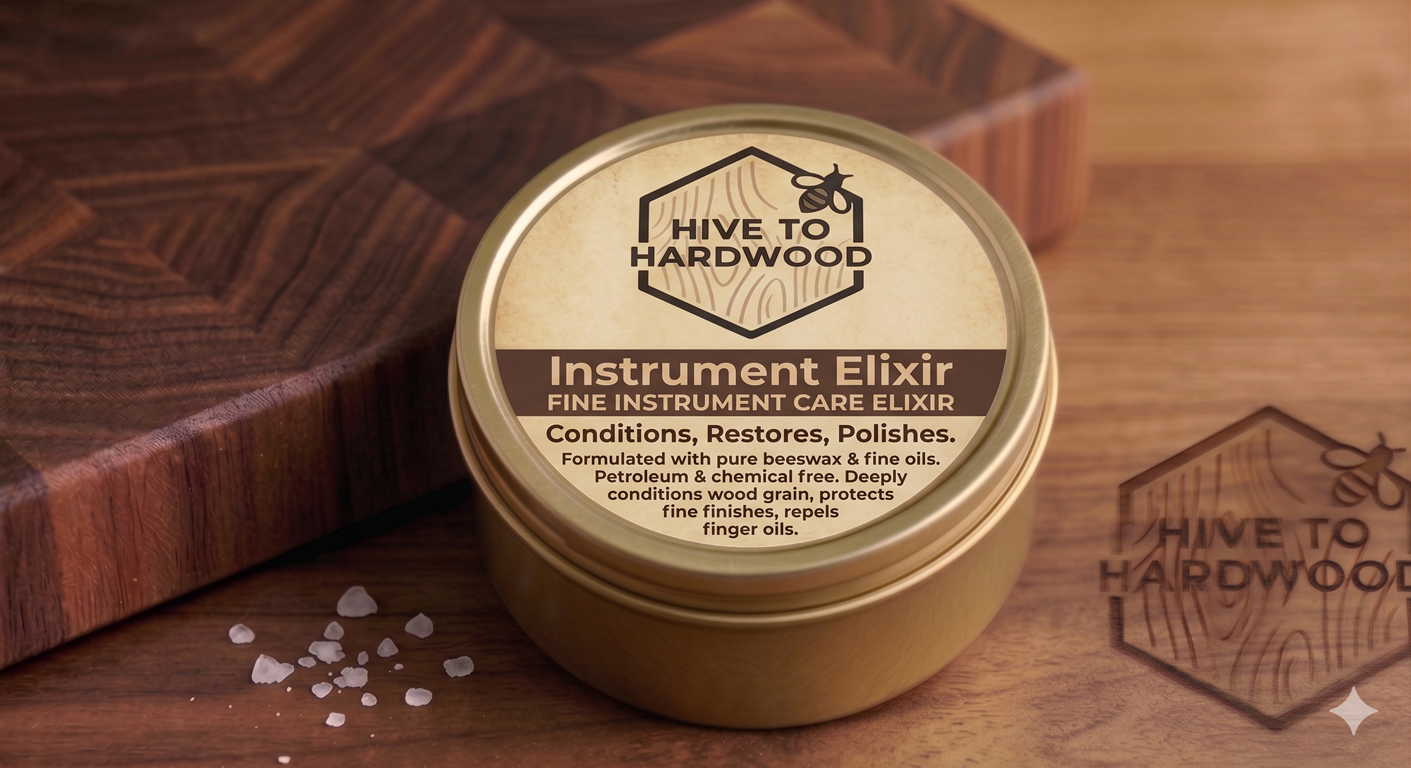 Jar of 'Hive to Hardwood' Instrument Elixir on a wooden surface